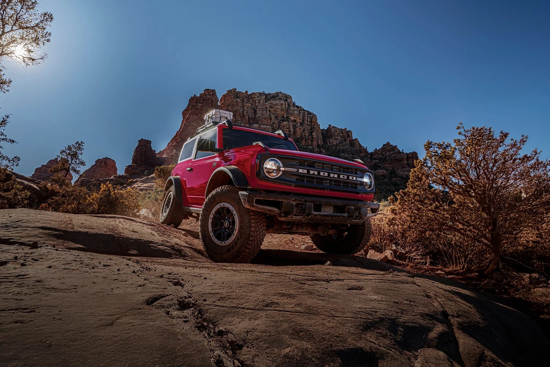 2026 Ford Bronco with the Sasquatch Package climbing red rock