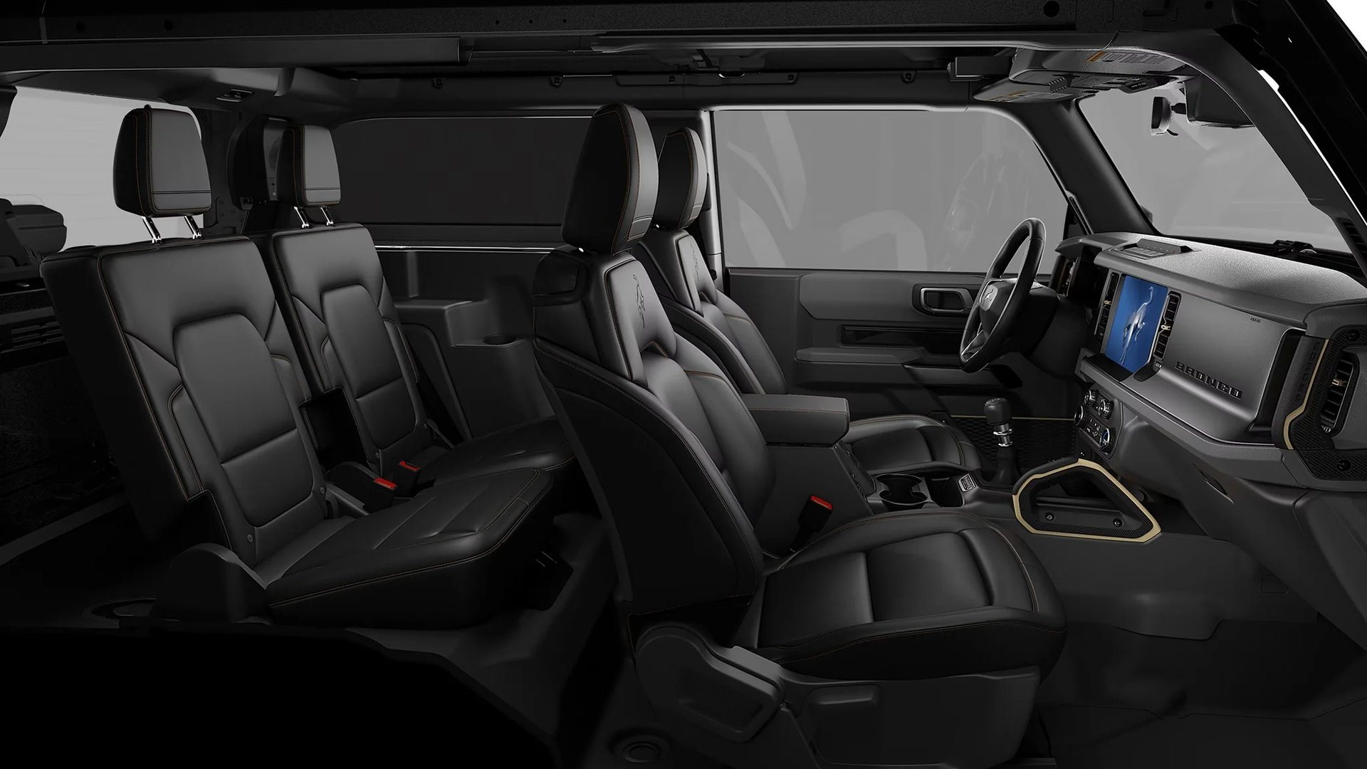 Side view of a 2026 Ford Bronco 4-door interior showing two rows of seats and the cargo area behind