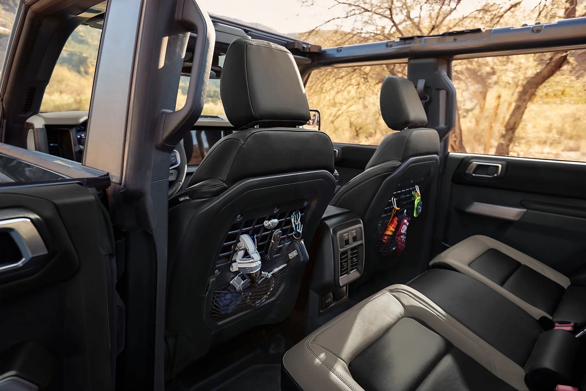 Rear seat area of a 2026 Ford Bronco 4-door with the roof off