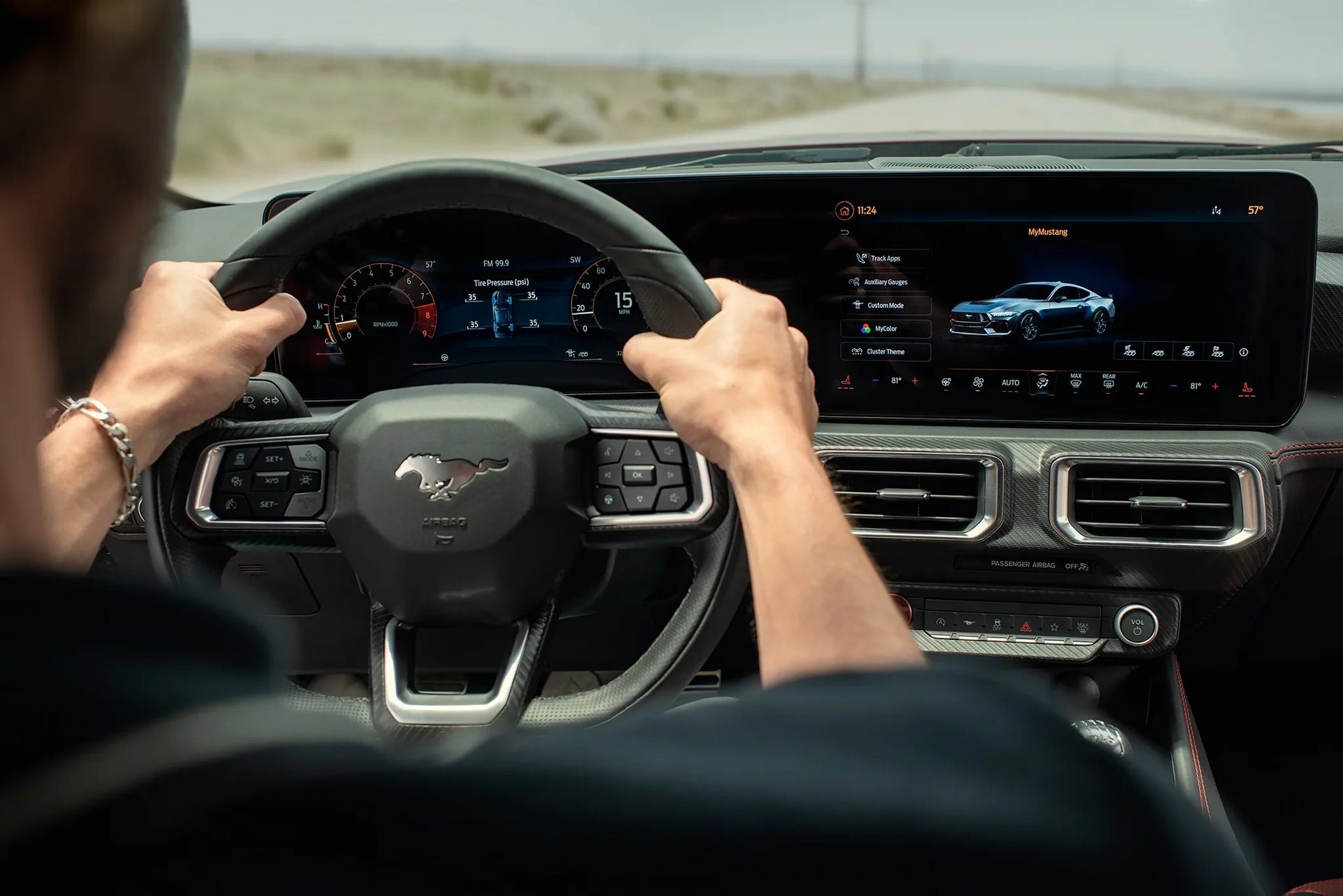 Driver's view of the digital instrument cluster in a current Ford Mustang