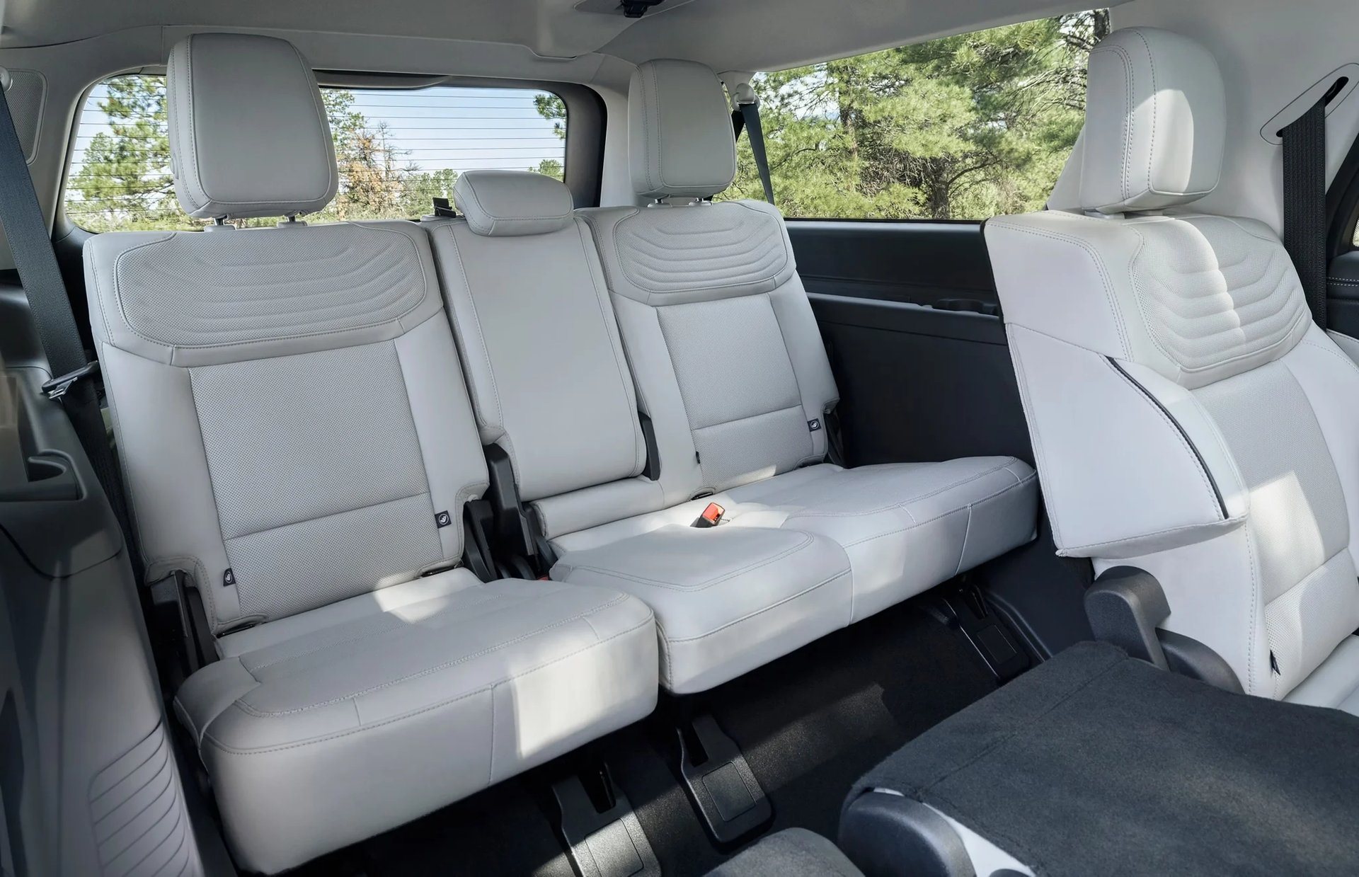 Rear seating area of a Ford Expedition Platinum, a full-size three-row SUV