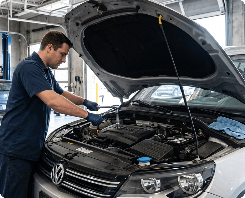 Technician using a ratchet on the engine of a silver Volkswagen with the hood raised