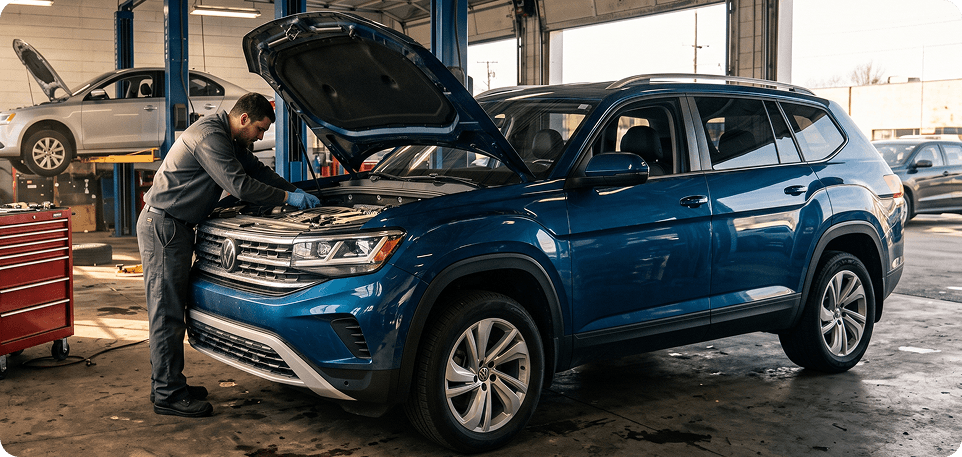 Technician working in the engine bay of a blue Volkswagen Atlas in a busy service garage