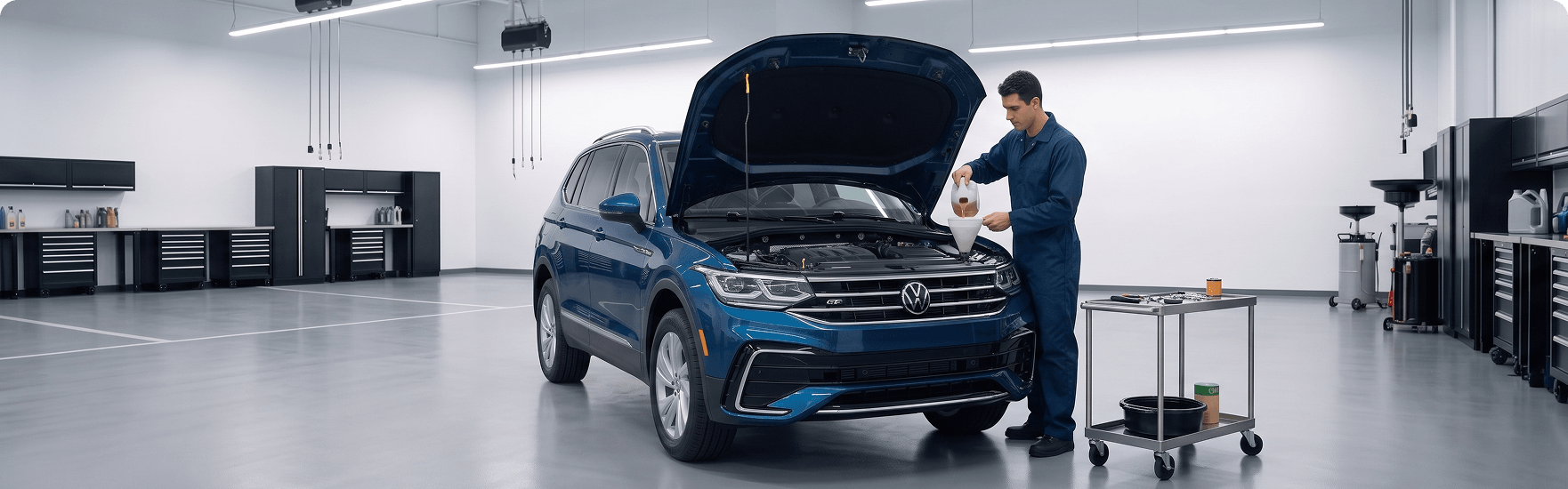 Technician pouring fresh engine oil into a blue Volkswagen Tiguan with the hood raised beside a service cart