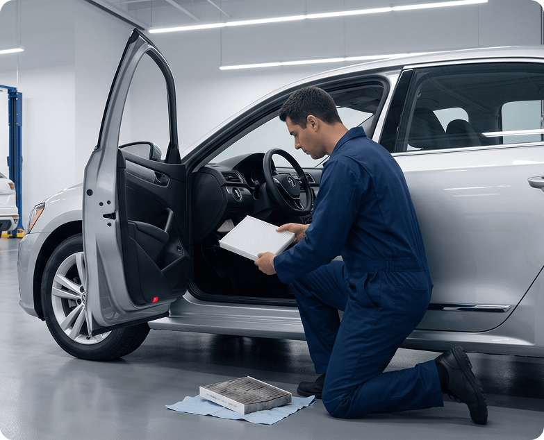 Technician kneeling at the open driver's door of a silver Volkswagen Passat to replace the cabin air filter, with the old filter on the floor