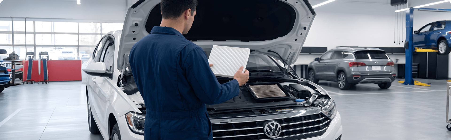 Technician holding a new engine air filter over the open engine bay of a white Volkswagen Jetta in the service center