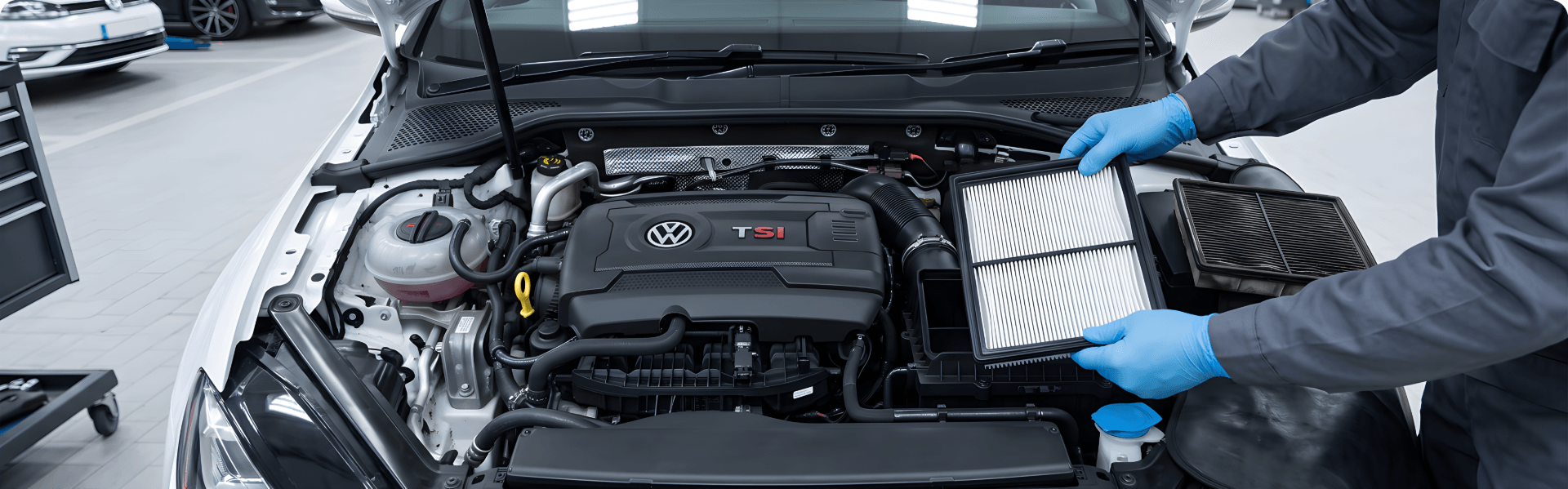 Gloved technician fitting a new engine air filter into the airbox beside a Volkswagen TSI engine