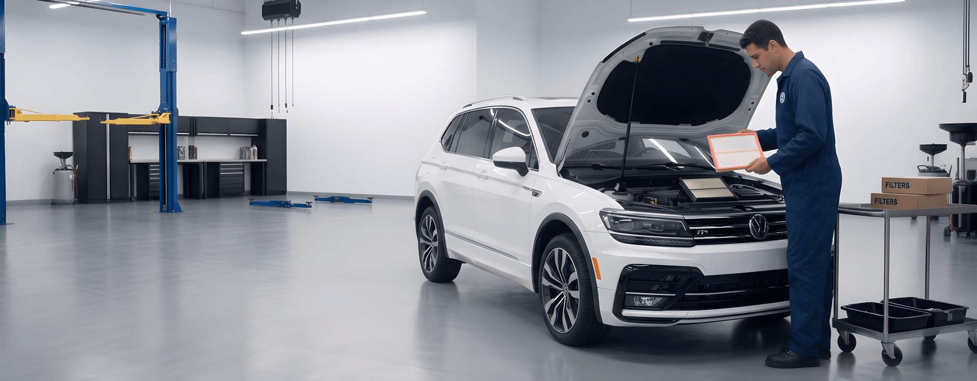 Technician holding a new engine air filter beside a white Volkswagen Tiguan with the hood raised, with boxes of filters on a service cart