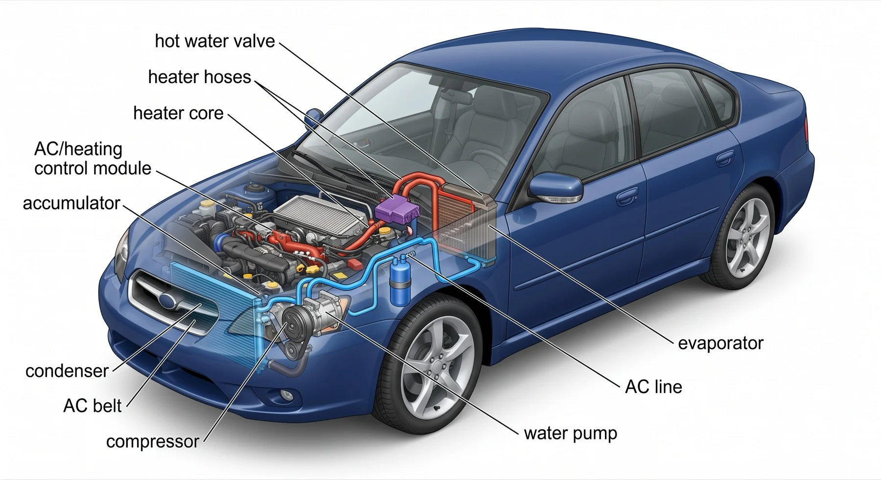 Labeled cutaway diagram of a Subaru climate system: compressor, condenser, evaporator, accumulator, AC line, AC belt, and the heating side (heater core, heater hoses, hot water valve, water pump) tied to the AC/heating control module.