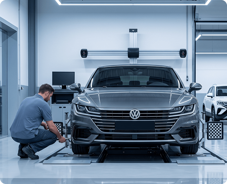 Technician adjusting the front wheel alignment of a grey Volkswagen Arteon on an alignment rack