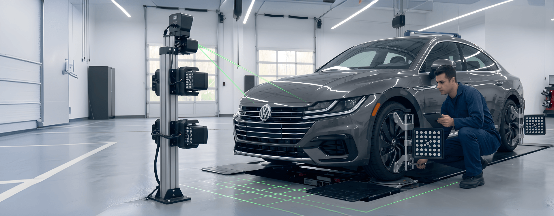 Technician kneeling at a grey Volkswagen Arteon on an alignment rack beside an alignment camera tower, with laser guides projected across the floor