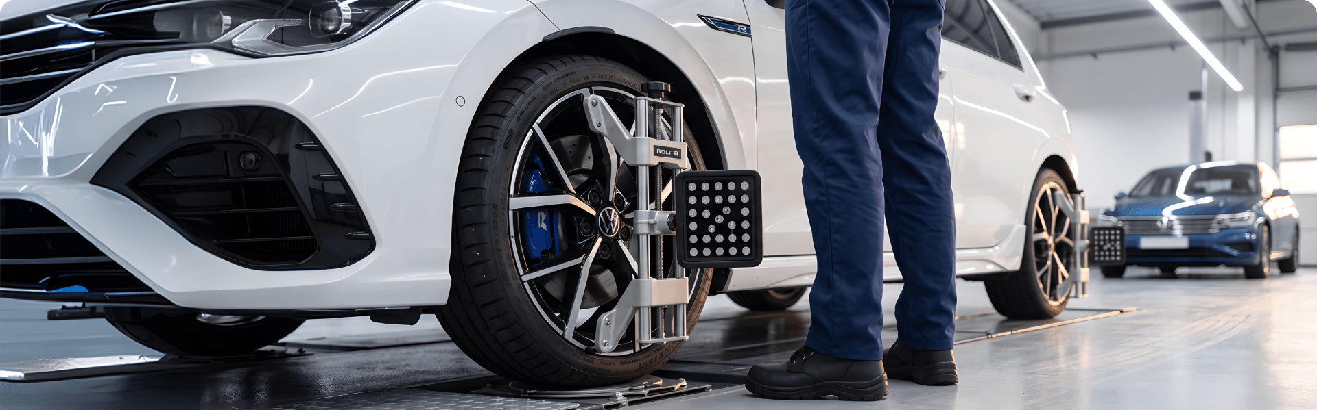 Alignment target clamped to the front wheel of a white Volkswagen Golf R on an alignment rack
