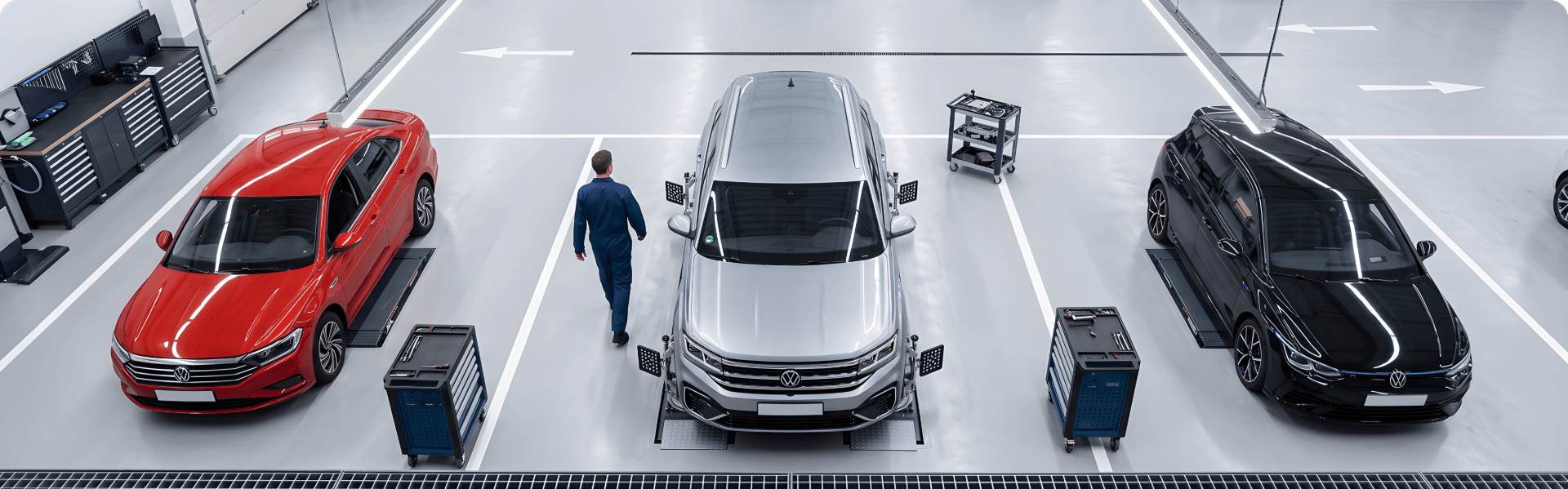 Overhead view of a red Volkswagen Jetta, a silver Volkswagen SUV and a black Volkswagen Golf in alignment bays, with a technician walking between them