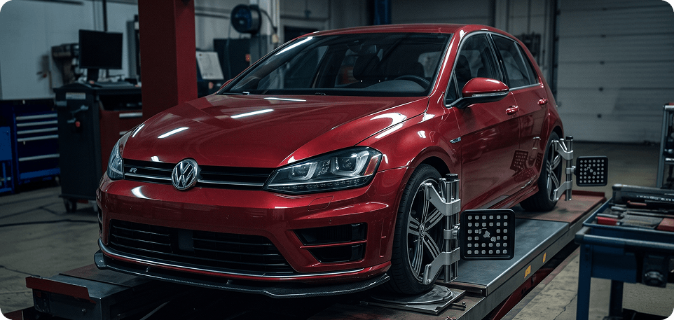 Red Volkswagen Golf R on an alignment lift with wheel targets clamped to each wheel