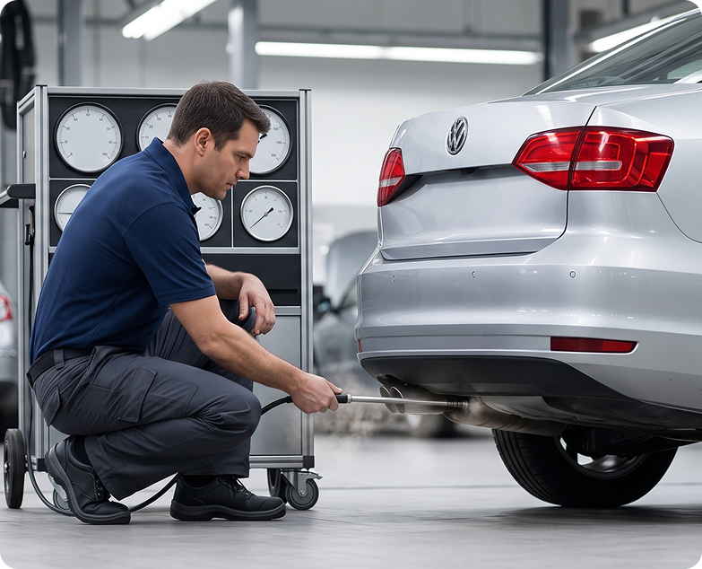 Technician running an emissions test on a silver Volkswagen Jetta with a probe in the tailpipe