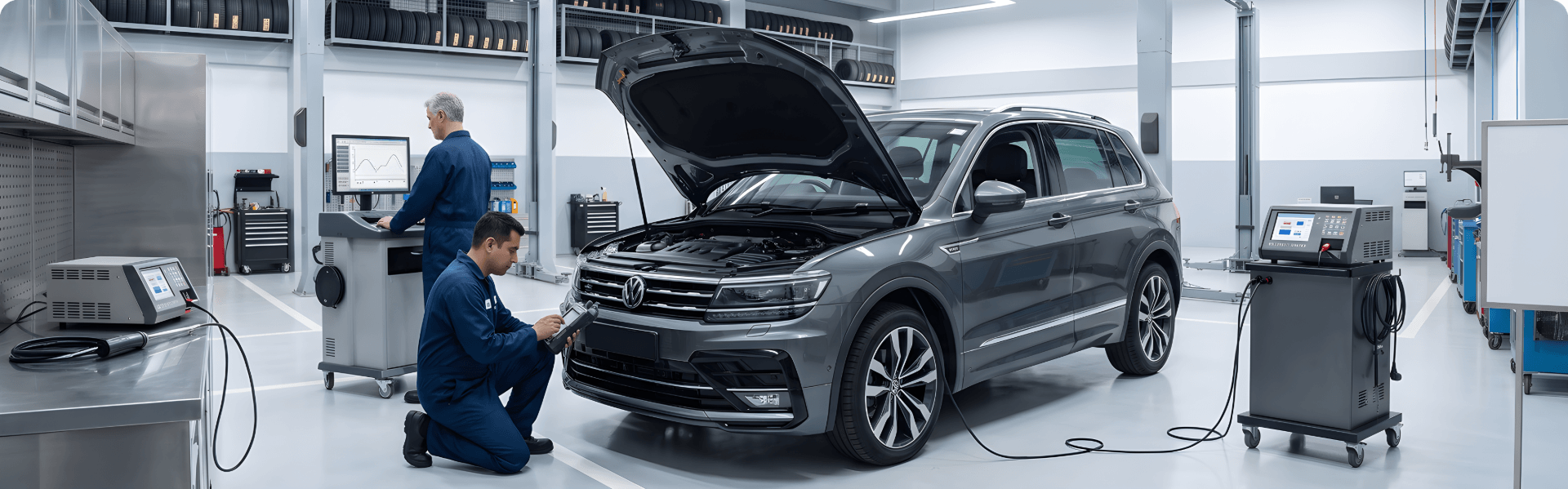 Technician running a handheld diagnostic scan on a grey Volkswagen Tiguan while a second technician reviews results at a workstation