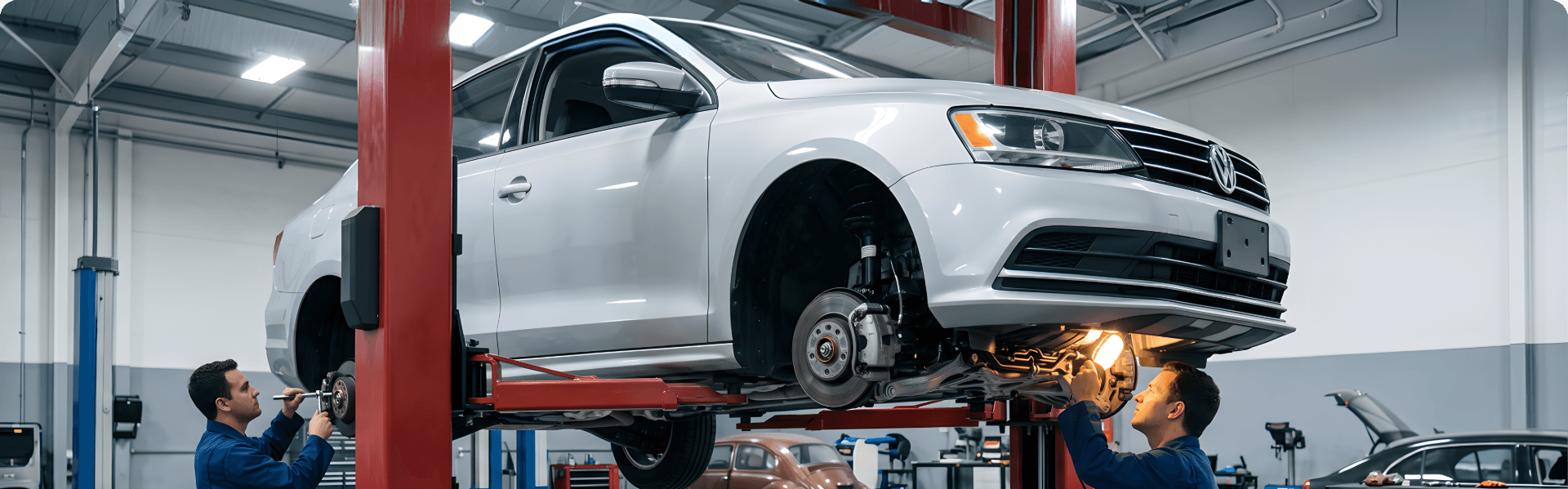 Two technicians inspecting the brakes and underside of a silver Volkswagen Jetta raised on a two-post lift