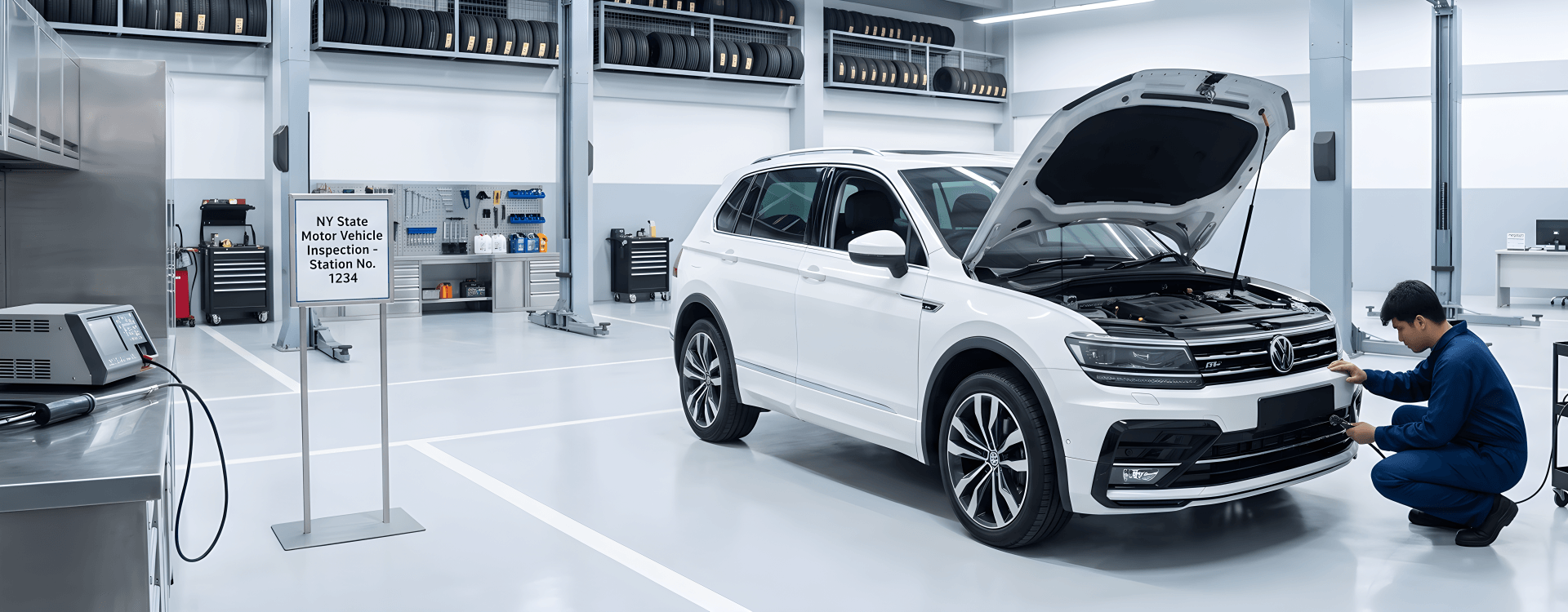 Technician crouching at the front of a white Volkswagen Tiguan with the hood raised, beside a New York State motor vehicle inspection station sign