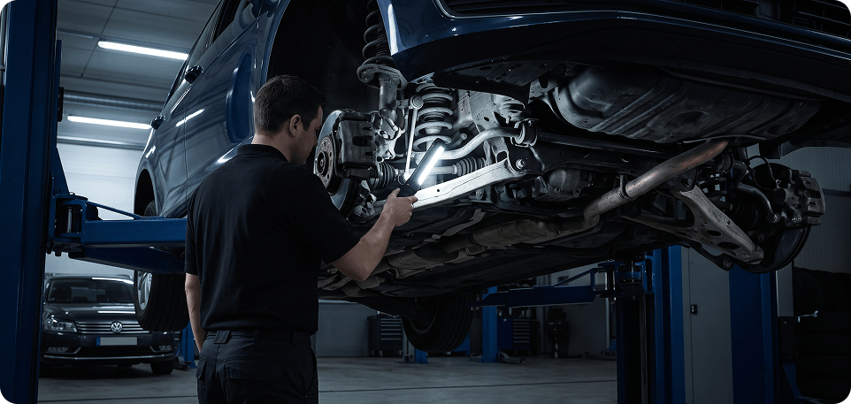 Technician using a flashlight to inspect the front suspension and brakes of a raised blue Volkswagen on a two-post lift