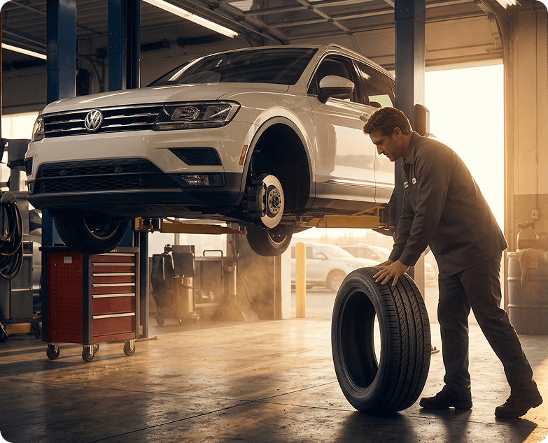 Technician rolling a new tire beside a white Volkswagen Tiguan raised on a two-post lift in a sunlit service bay