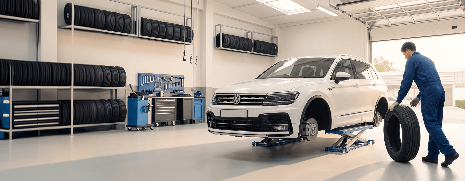 Technician rolling a new tire toward a white Volkswagen Tiguan raised on a low-profile lift in a bright tire shop