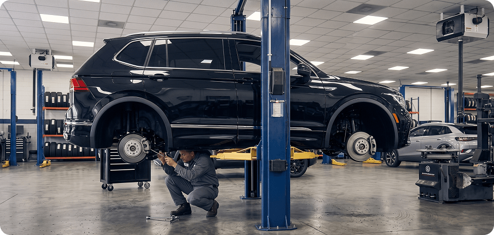 Technician crouching at the rear wheel hub of a black Volkswagen SUV raised on a two-post lift with its wheels removed