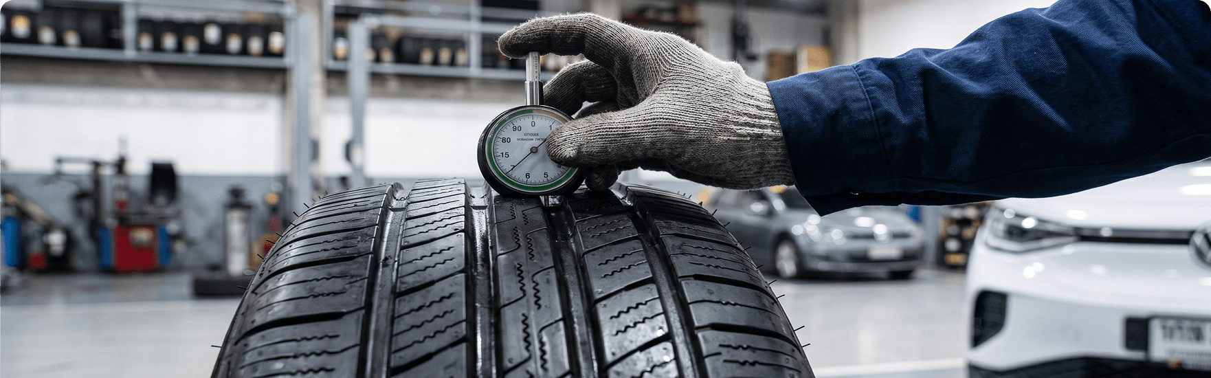 Gloved technician measuring tire tread depth with a dial gauge, with a white Volkswagen in the background