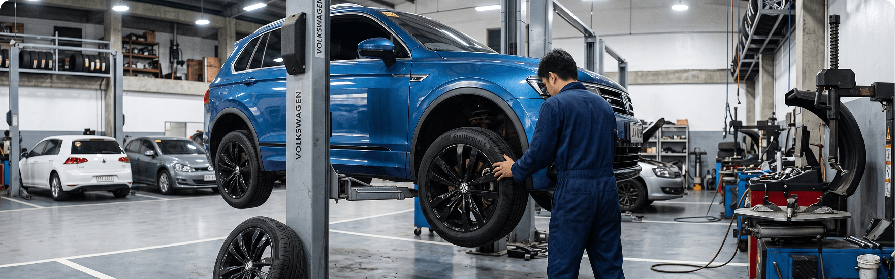 Technician mounting a wheel and tire on a blue Volkswagen Tiguan raised on a two-post lift, with tire changers alongside