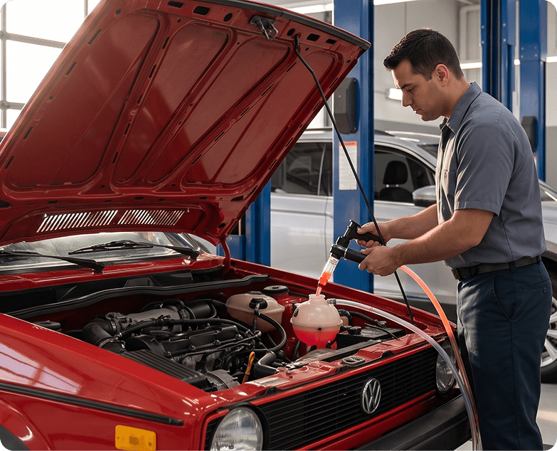 Technician refilling the coolant reservoir of a classic red Volkswagen Golf with the hood raised