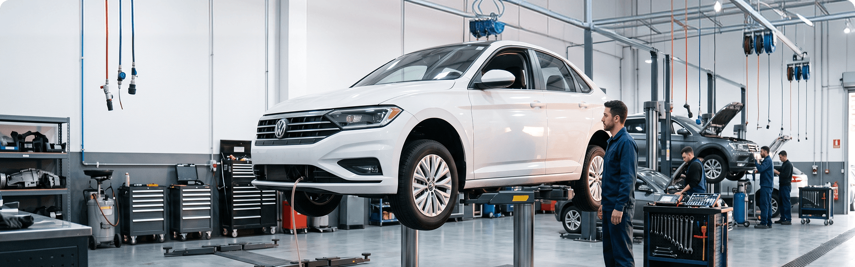 Technician standing beside a white Volkswagen Jetta raised on a two-post lift in the Bayside Volkswagen service center