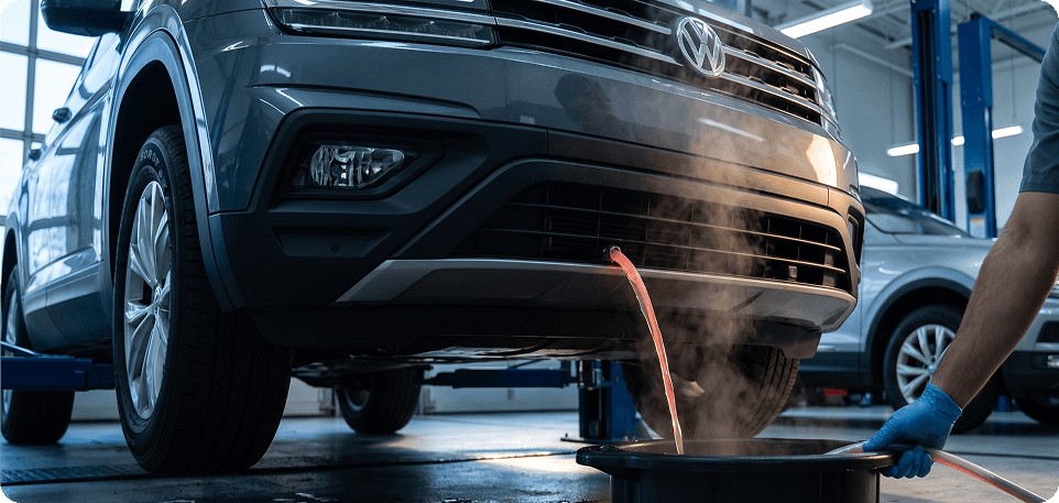 Old coolant draining from beneath a grey Volkswagen Atlas into a drain pan guided by a gloved technician