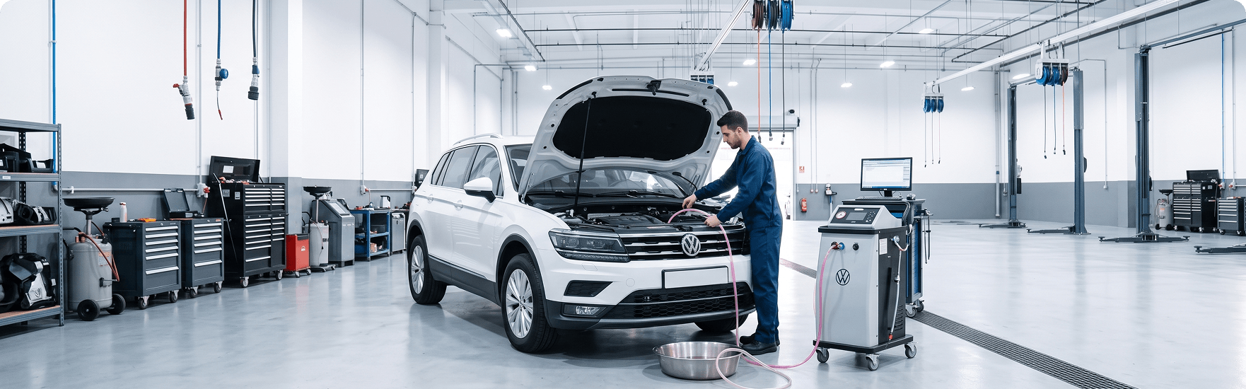Technician connecting a coolant exchange machine to a white Volkswagen Tiguan with the hood raised, with a drain basin on the floor