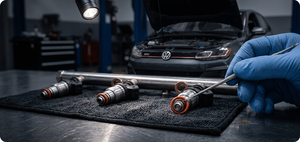 Gloved technician inspecting cleaned fuel injectors laid out on a mat beside a fuel rail, with a Volkswagen GTI in the background