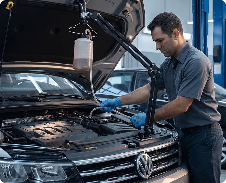 Technician running a fuel system cleaning kit hung from the raised hood of a Volkswagen