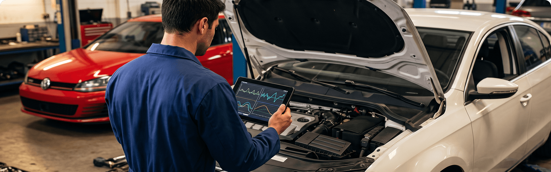 Technician reviewing live engine data on a tablet at the open hood of a white Volkswagen sedan
