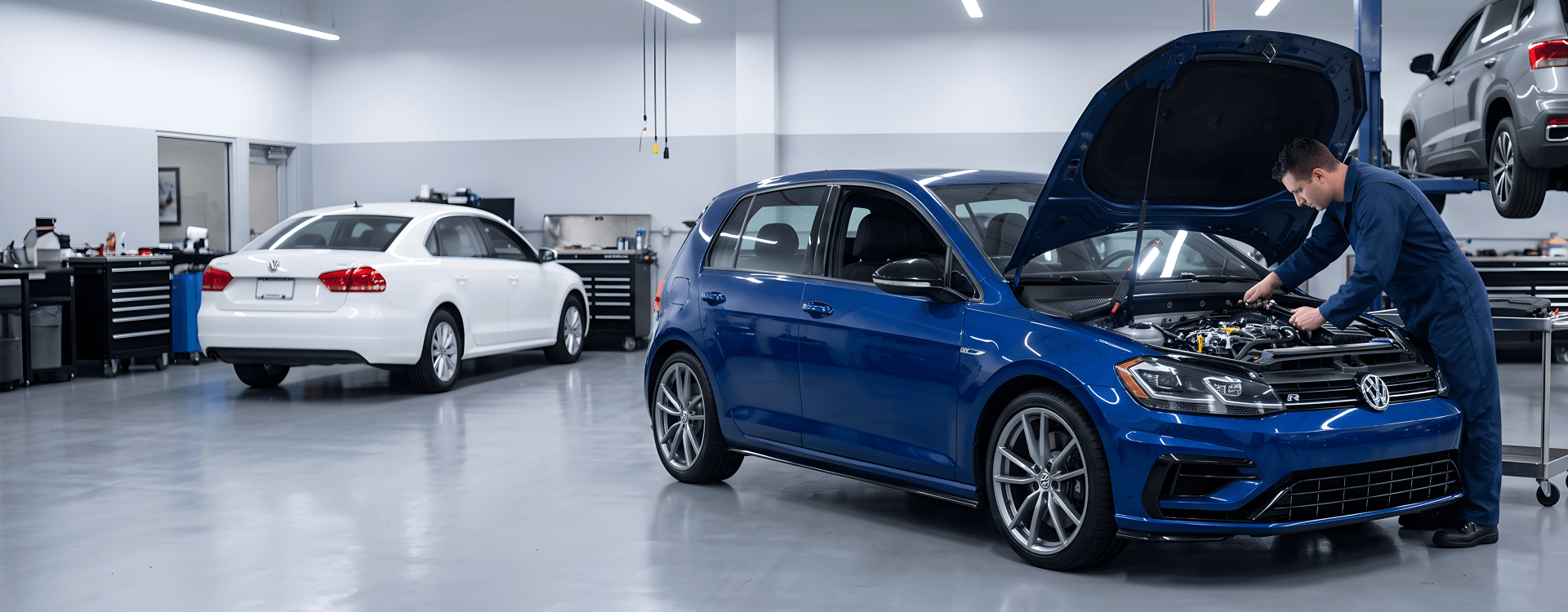 Technician working in the engine bay of a blue Volkswagen Golf R with the hood raised in the Bayside Volkswagen service center