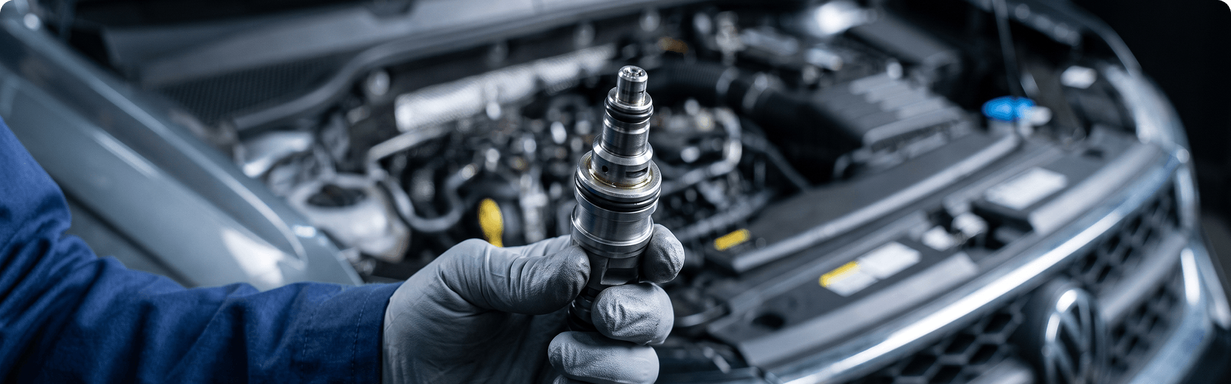 Gloved technician holding a removed fuel injector over a Volkswagen engine bay