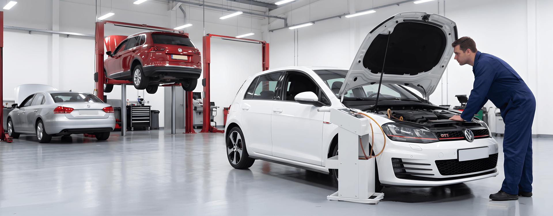 Technician leaning into the engine bay of a white Volkswagen Golf GTI connected to a brake fluid exchange machine