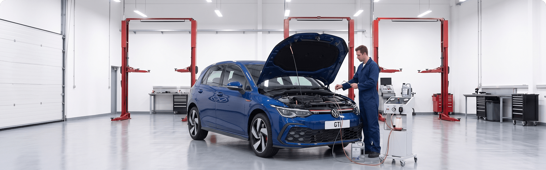 Technician running a brake fluid exchange machine on a blue Volkswagen Golf GTI with the hood raised