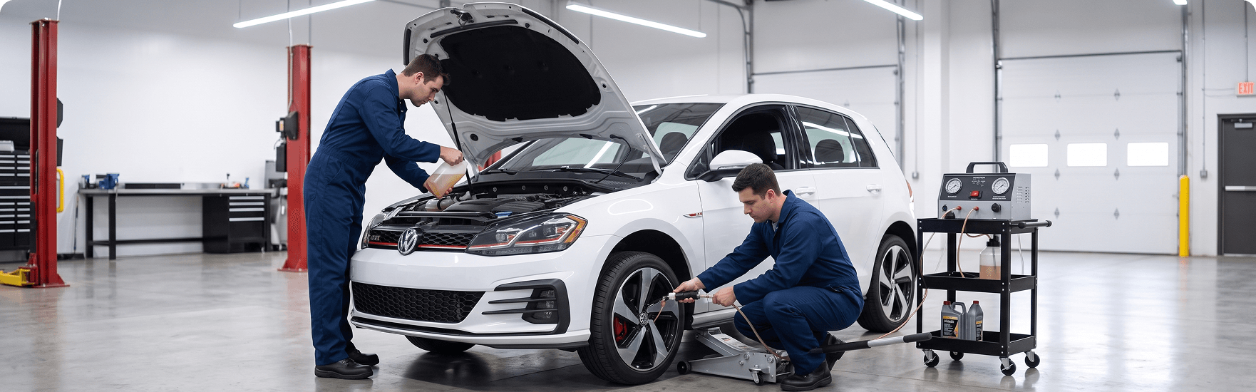 Two technicians servicing a white Volkswagen Golf GTI, one adding brake fluid under the hood and one bleeding the front brake