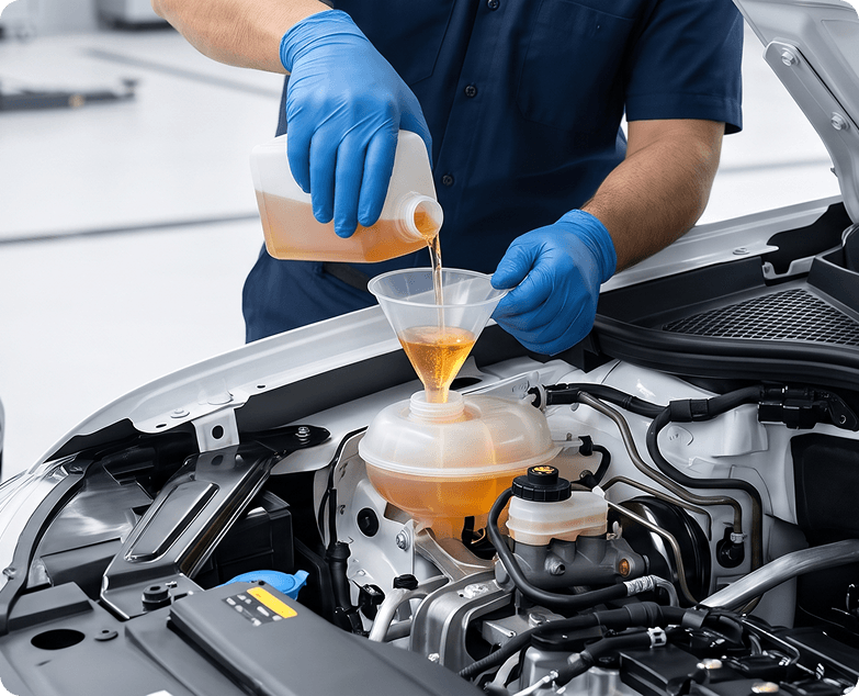 Gloved technician pouring fresh brake fluid through a funnel into a Volkswagen brake fluid reservoir
