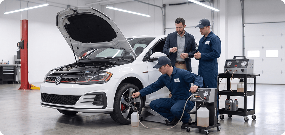 Technician bleeding the front brake of a white Volkswagen Golf GTI while a service advisor and a second technician look on