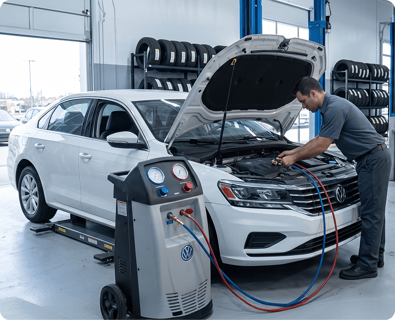 Technician connecting an air conditioning recharge machine to a white Volkswagen sedan with the hood raised