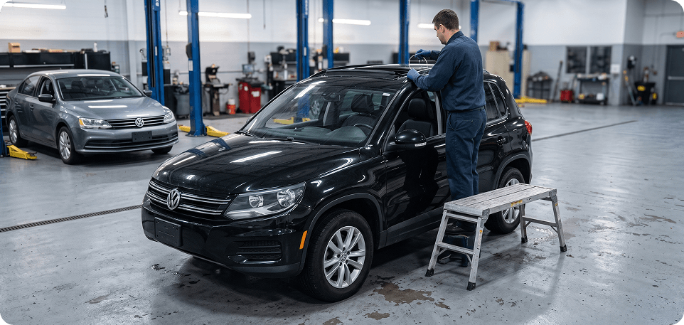 Technician standing on a step stool to check the sunroof of a black Volkswagen Tiguan