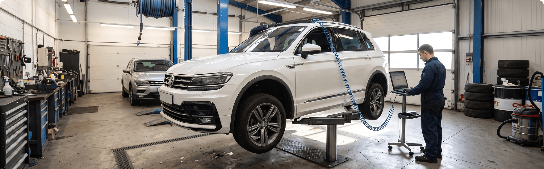 White Volkswagen Tiguan raised on a lift while a technician runs a check at a laptop cart, with an air line routed to the roof