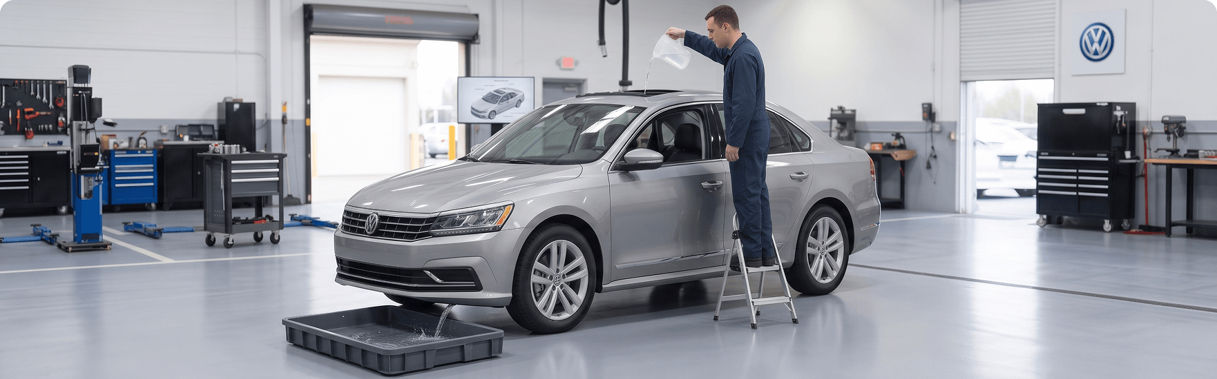 Technician on a step ladder pouring water onto the sunroof of a silver Volkswagen Passat to test the drains, with a collection tray below