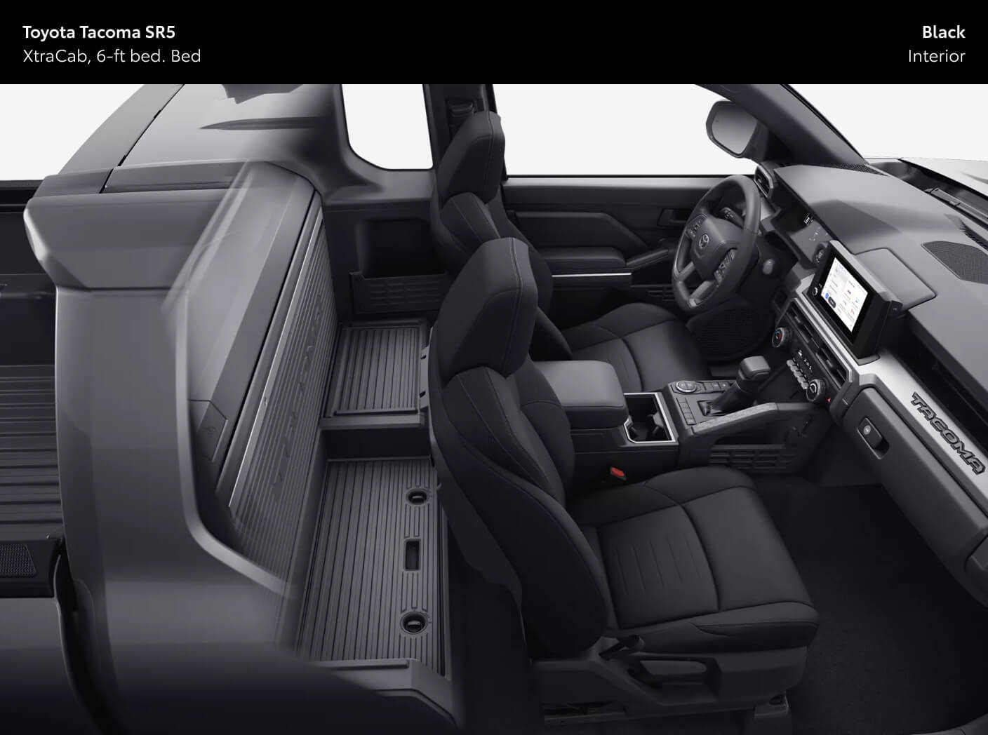 Interior view of a 2026 Toyota Tacoma SR5 XtraCab showing the two-seater cabin configuration in Black interior.