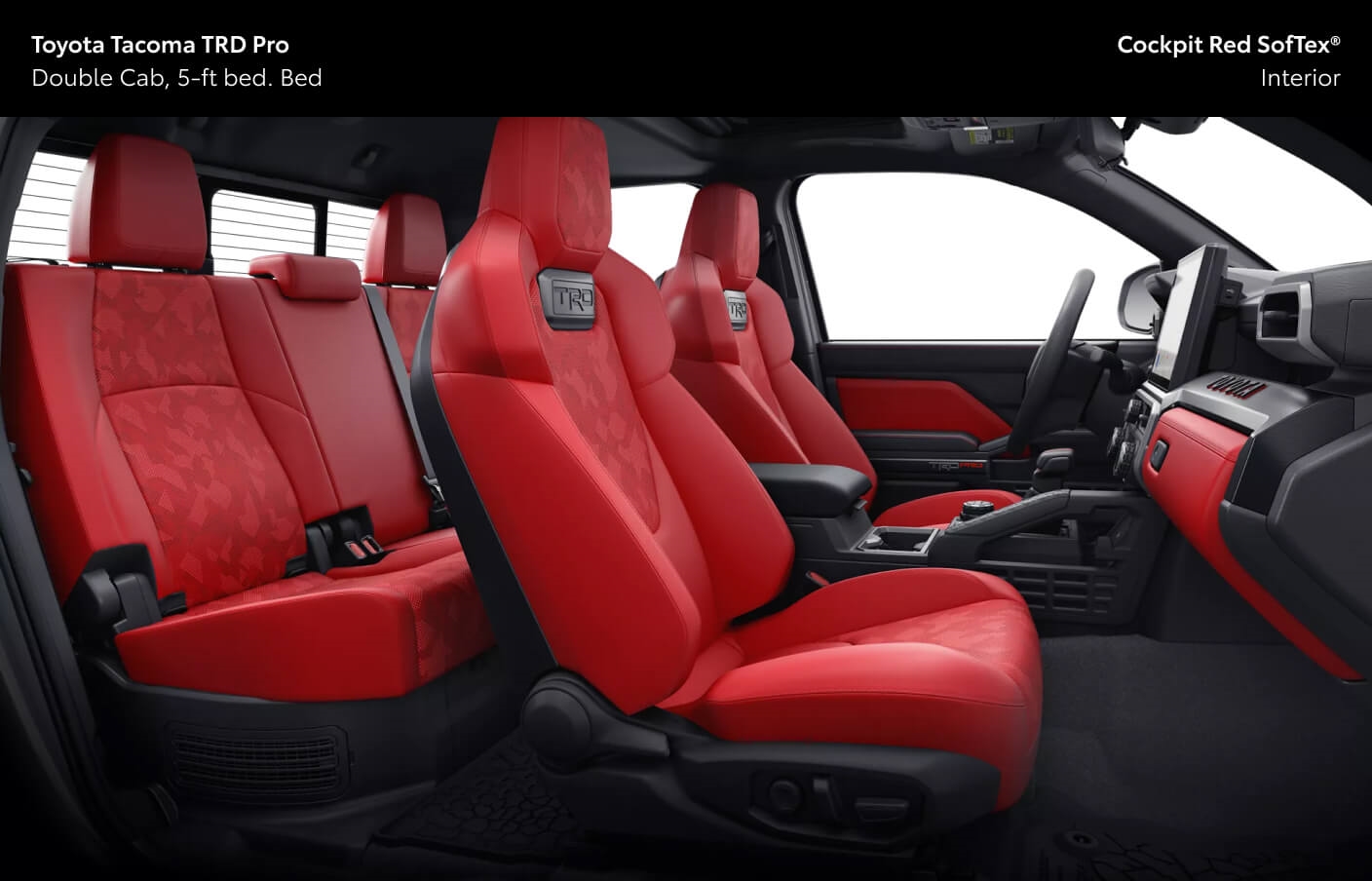 Interior view of a 2026 Toyota Tacoma TRD Pro Double Cab showing the five-seater cabin configuration in Cockpit Red SofTex® interior.