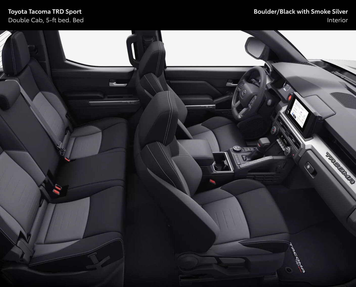 Interior view of a 2026 Toyota Tacoma TRD Sport Double Cab showing the five-seater cabin configuration in Boulder/Black with Smoke Silver interior.