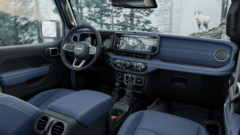 2026 Jeep Wrangler interior in Margate FL with blue seats, Jeep steering wheel, and wide touchscreen